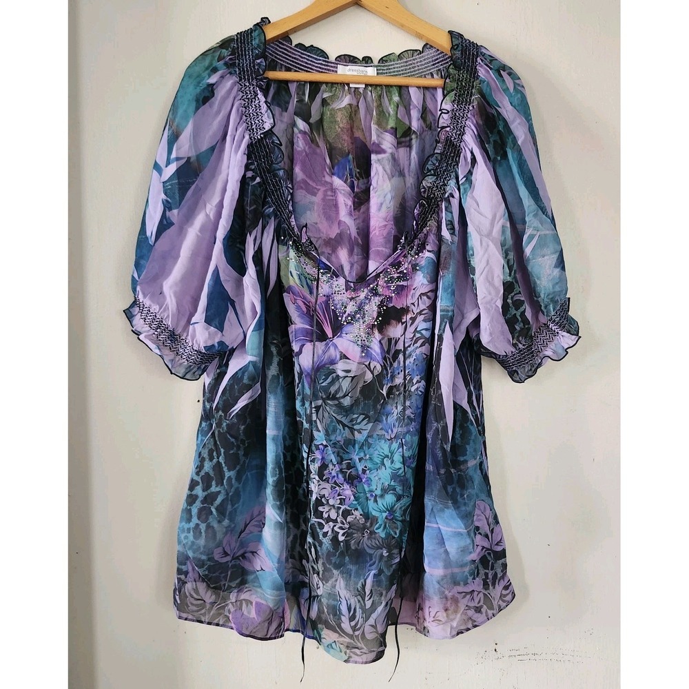 Dress Barn Womens 3X Embellished Tie Dye Puff Sleeve Sheer S/S Blouse Top Plus